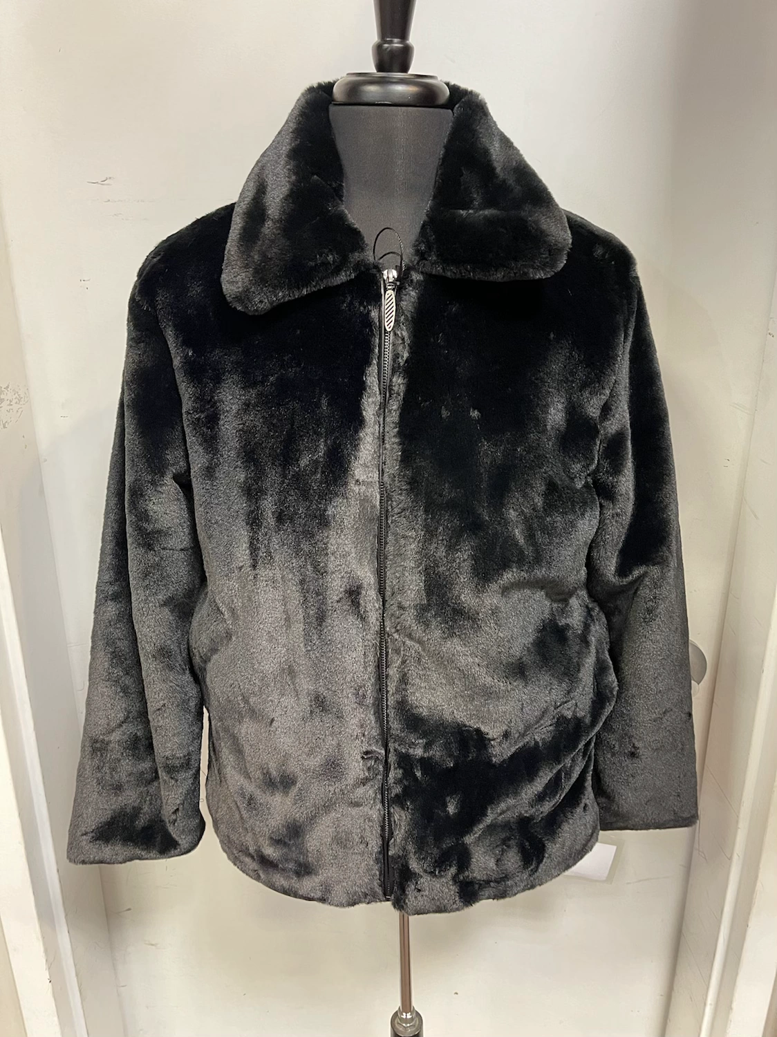 Blast Blue Martini Jacket – Sleek Black Fur, Effortless Style & Warmth.